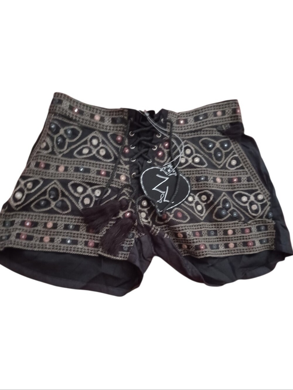 Indie Boho Embroidered Mirror Lace-Up Tassel Shorts